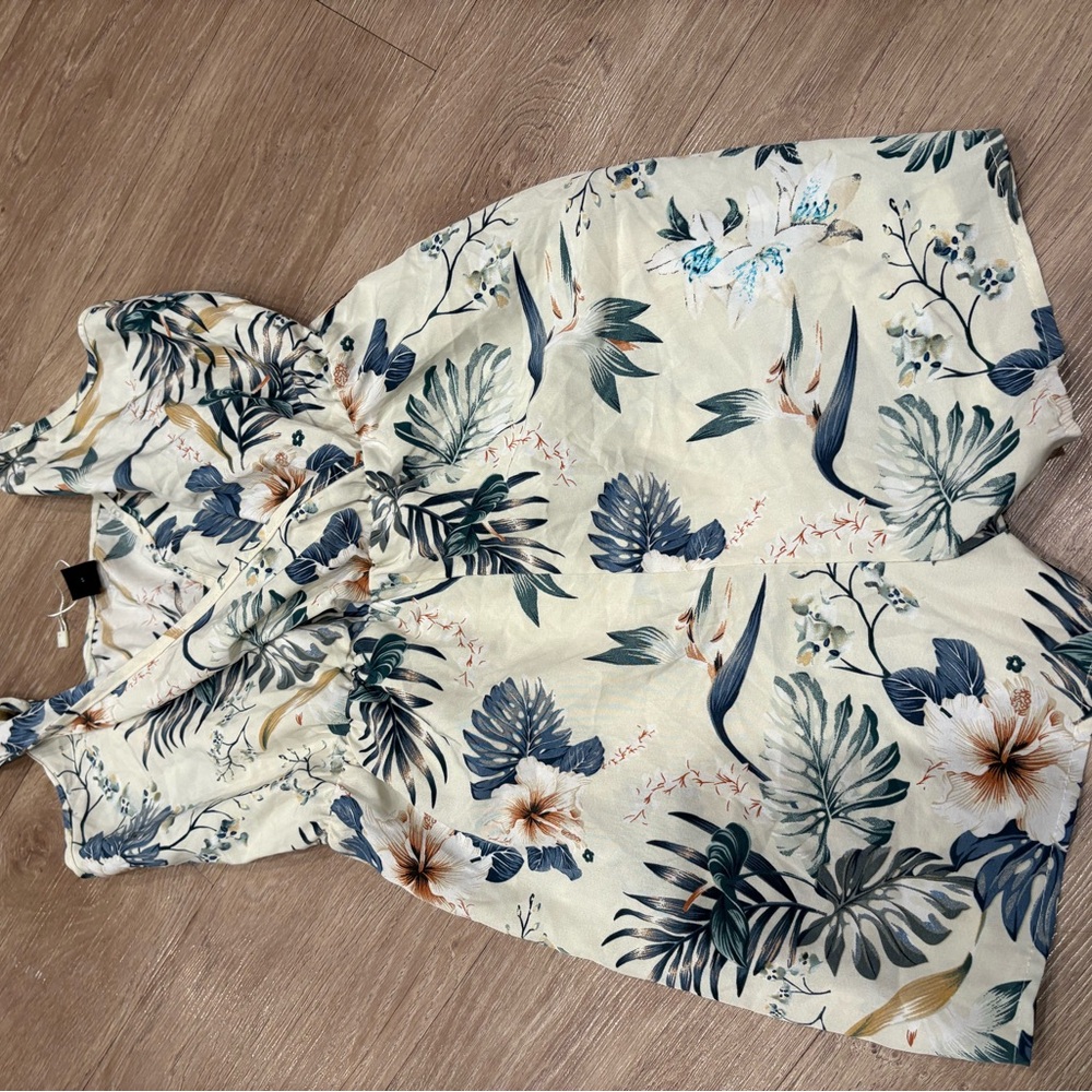 5/$25 SHEIN Cream Tropical Print Halter Romper with Teal and Navy Accents
